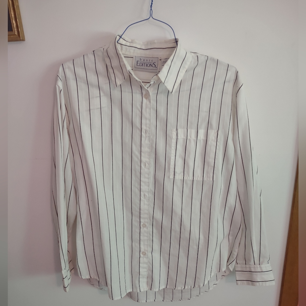 Basic Editions Women's Cream Blouse Striped Long Sleeve Button Down Shirt Size L